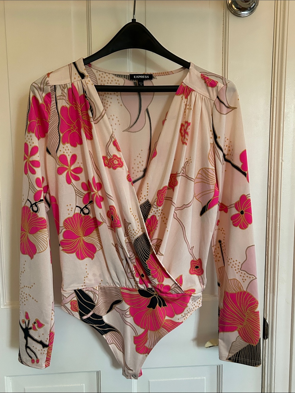Express Floral Wrap Bodysuit in Hot Pink and Cream